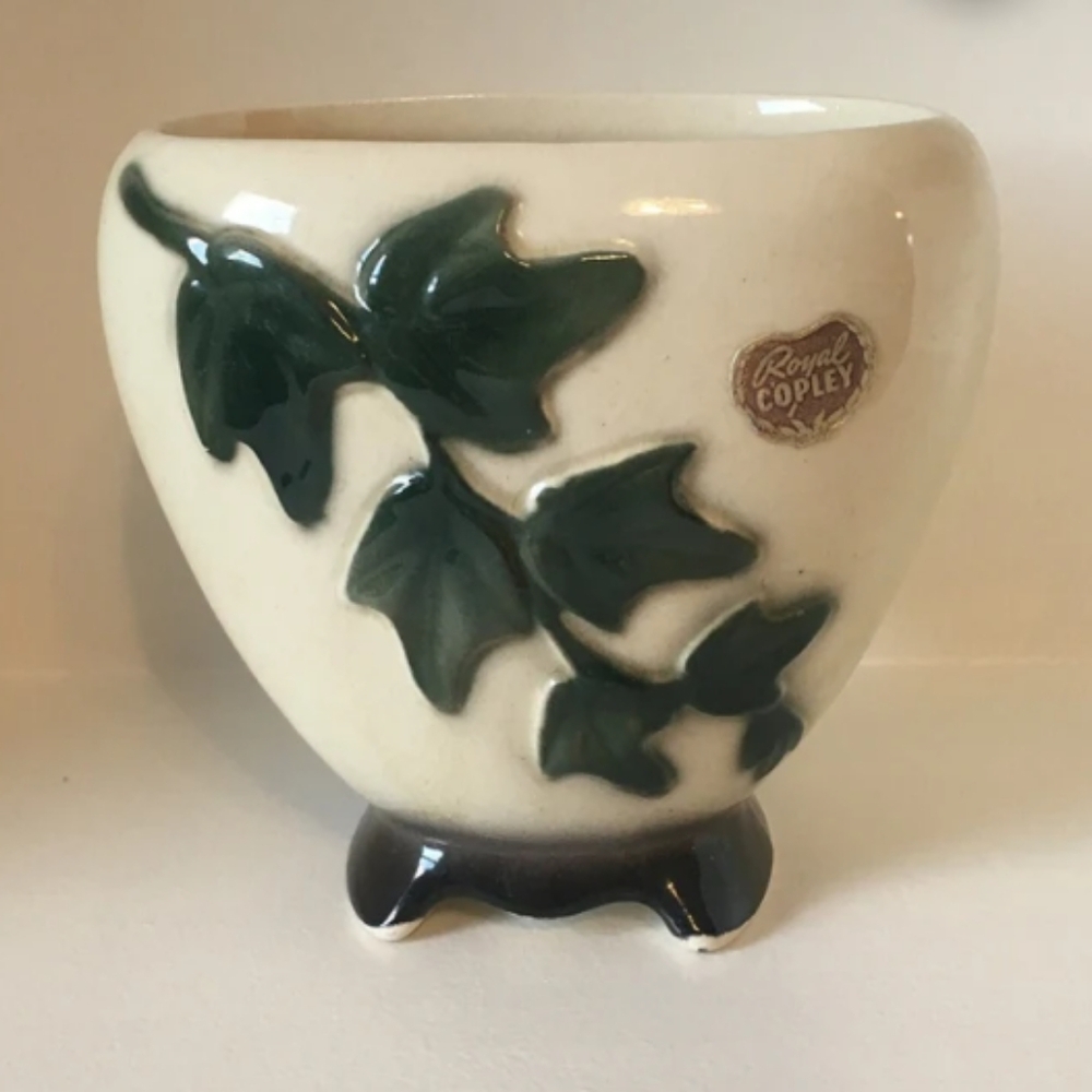Vintage Royal Copley Oval Shape Footed Planter/Vase with Green Ivy 4.5"